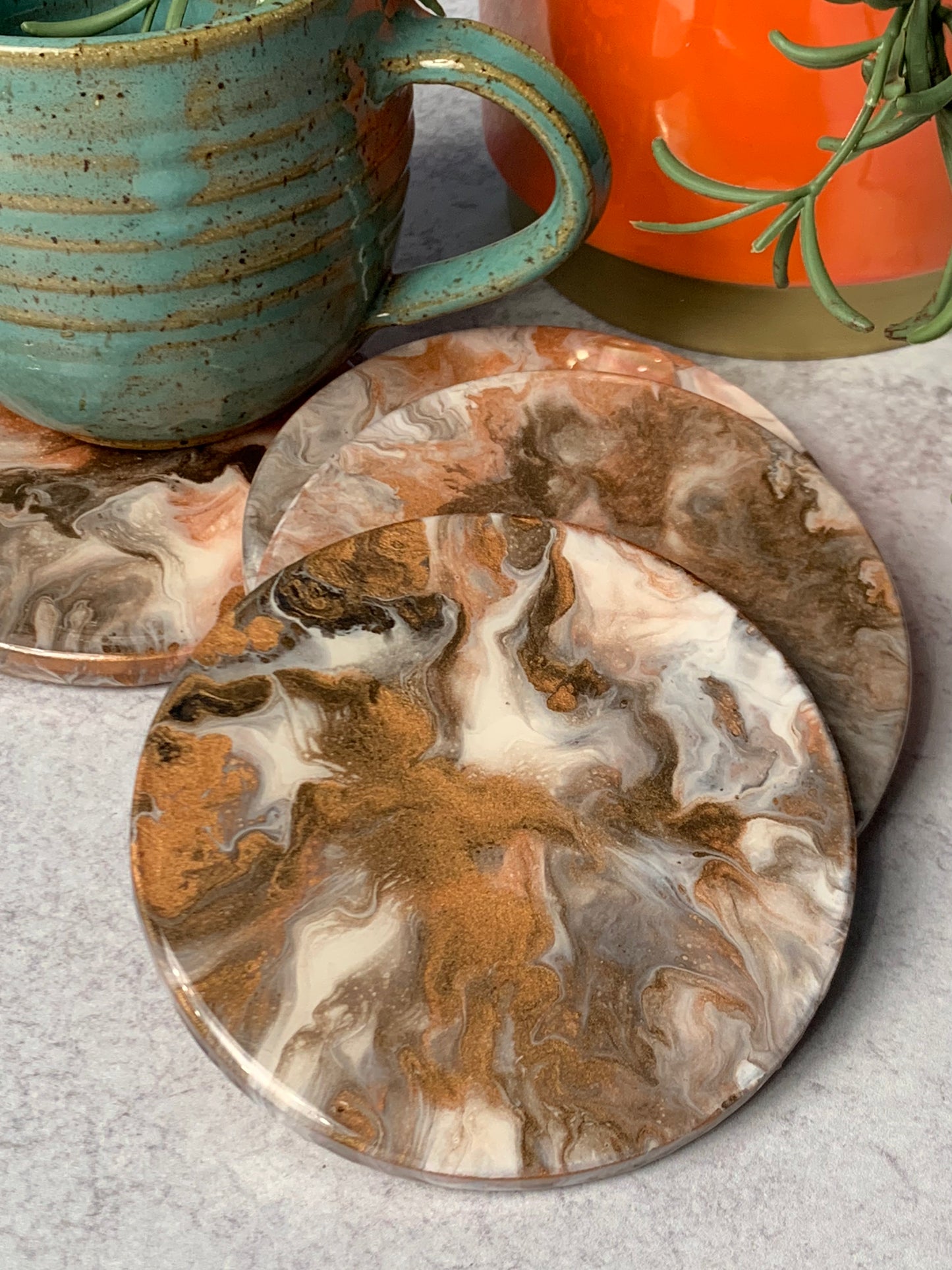 Set of 4 Original Acrylic Fluid Art Ceramic Coasters with Holder