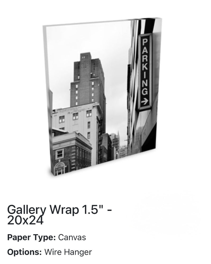 Canvas wrap with a cityscape and parking sign, featuring a wire hanger.