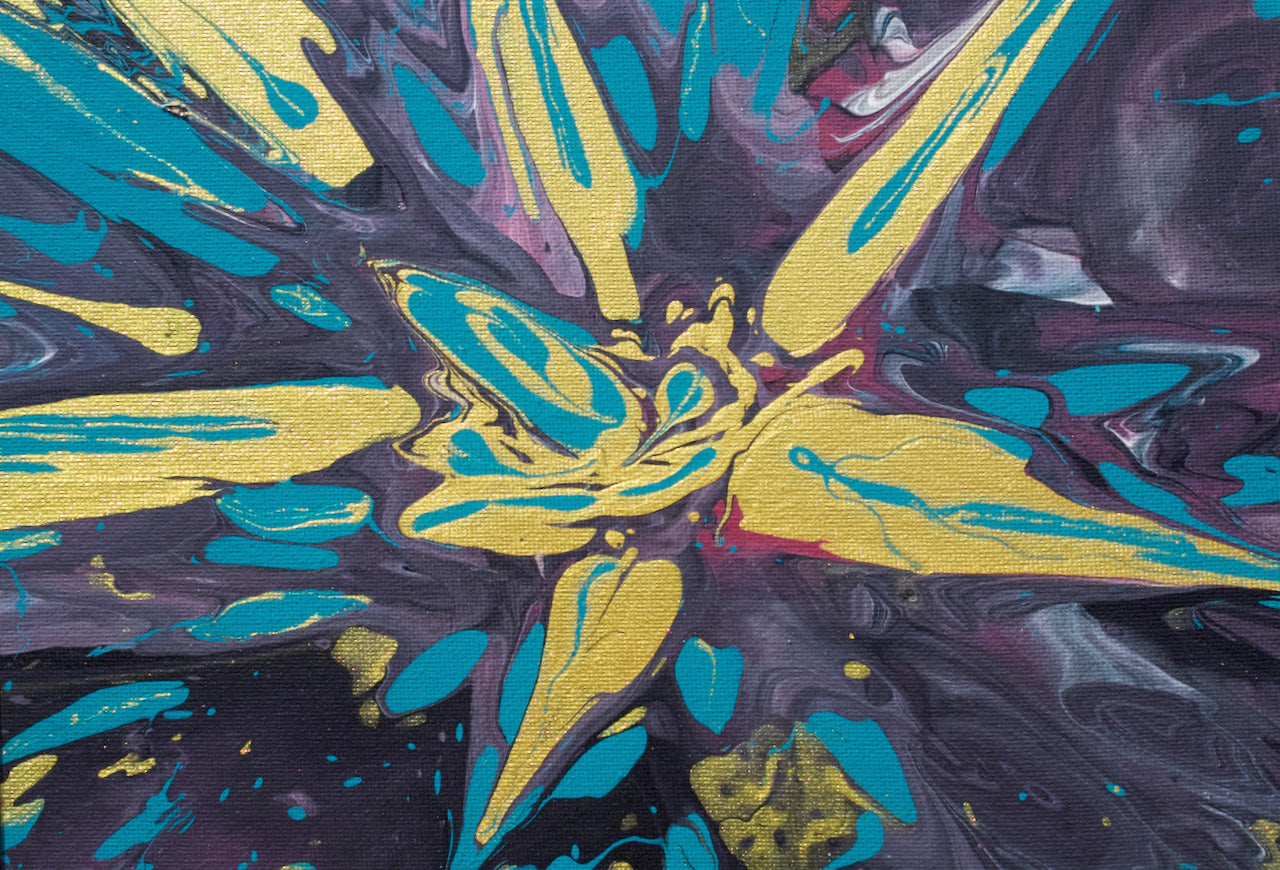 Abstract painting of a gold and teal lotus flower exploding on a purple background with hints of pink.