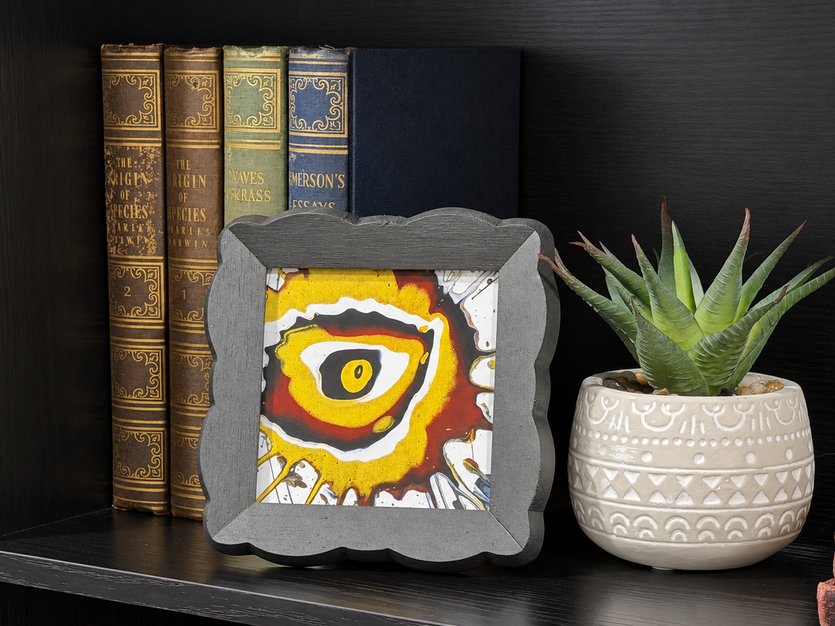 A square gray wooden picture frame with scalloped edges holds a colorful abstract eye artwork featuring yellow, red, black, and white. The frame sits on a dark shelf next to a potted succulent and a row of vintage books.