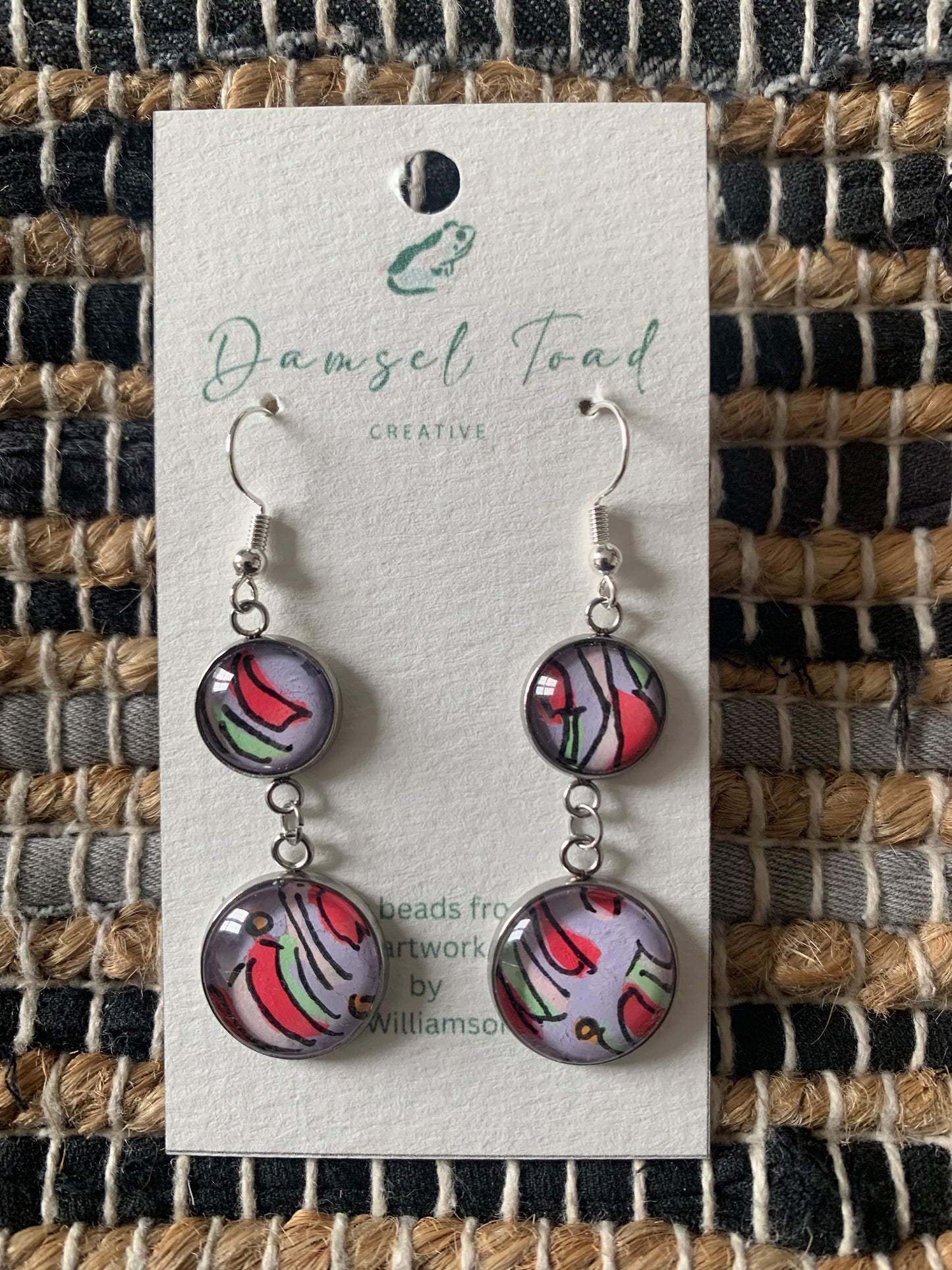 Silver Lilac and Red Double Glass Bead Earrings