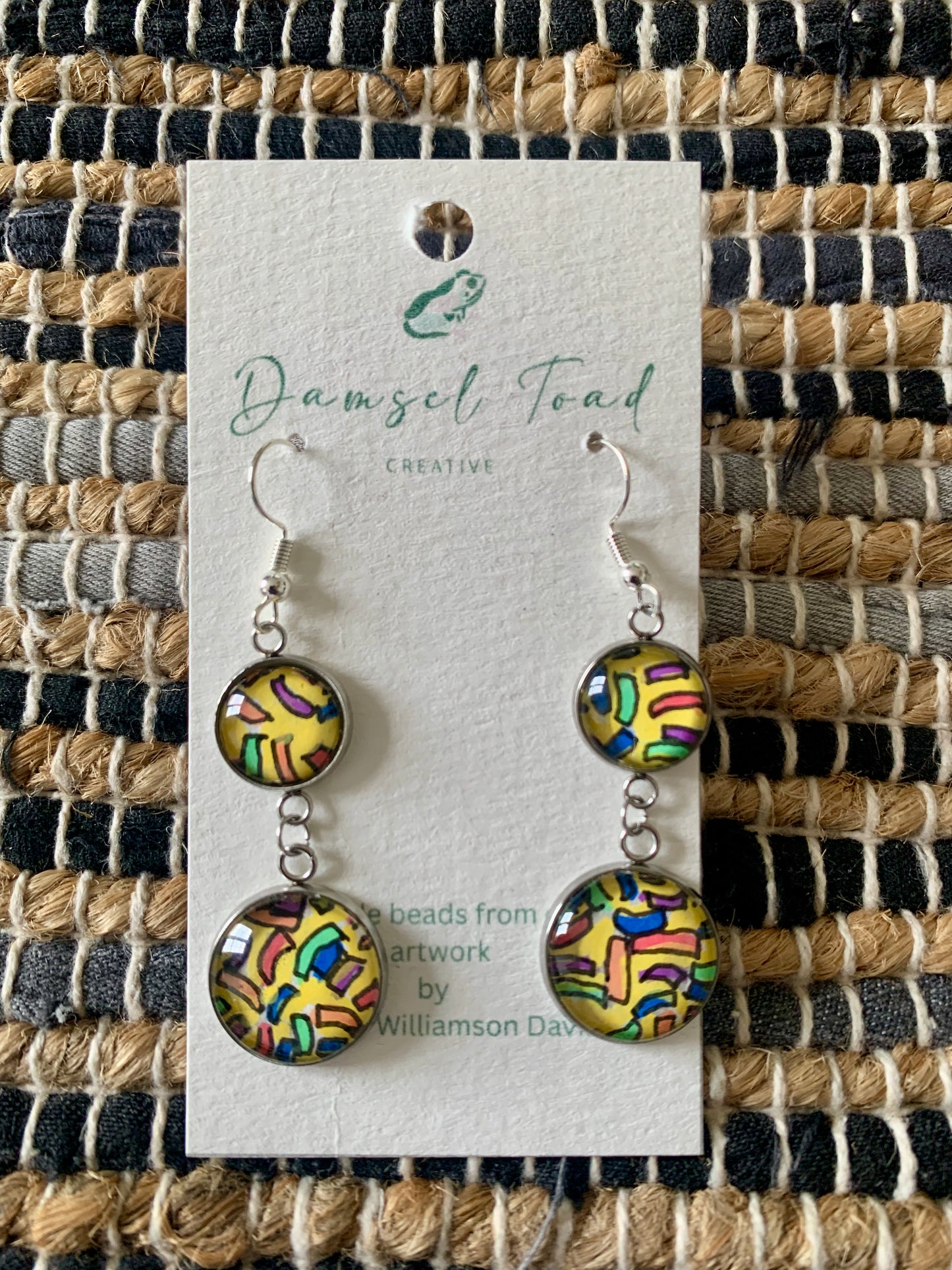 Silver Yellow Confetti Double Glass Bead Earrings