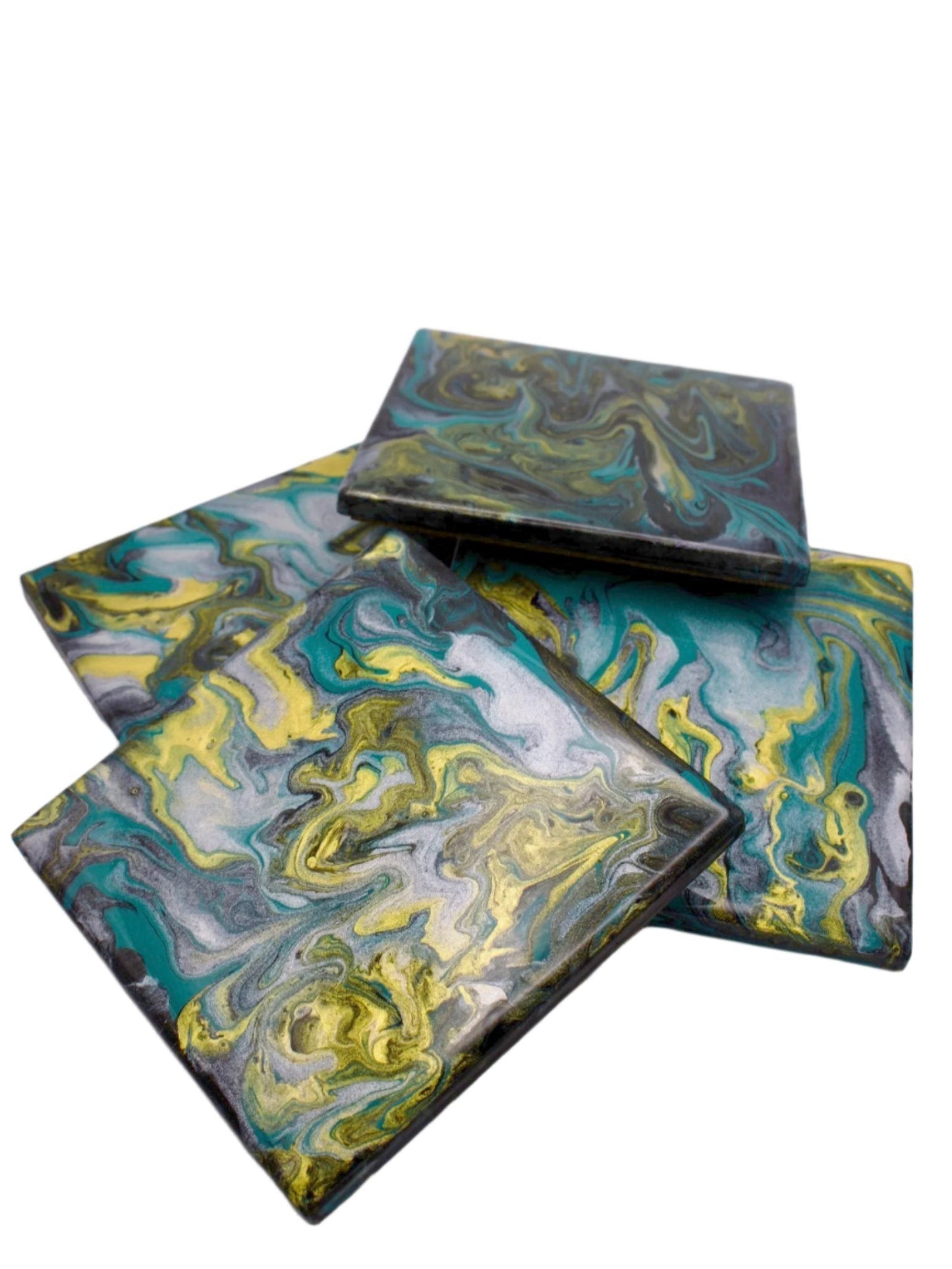 Set of 4 Original Acrylic Fluid Art Ceramic Coasters with Holder