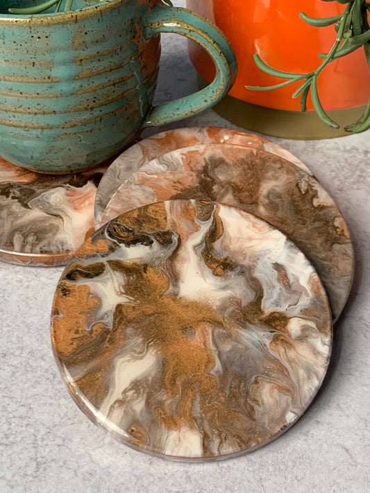 Set of 4 Original Acrylic Fluid Art Ceramic Coasters with Holder