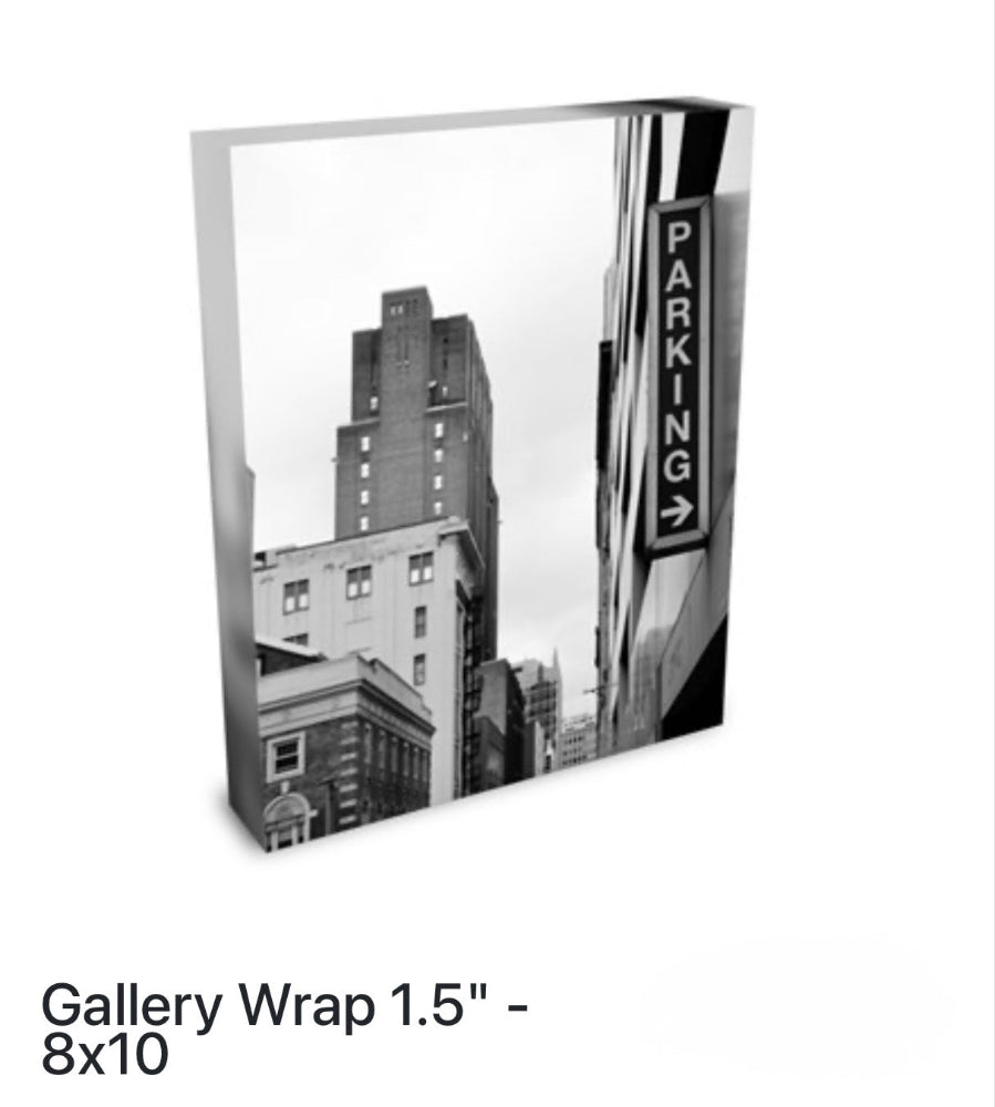 Art print with a cityscape and parking sign on a white background