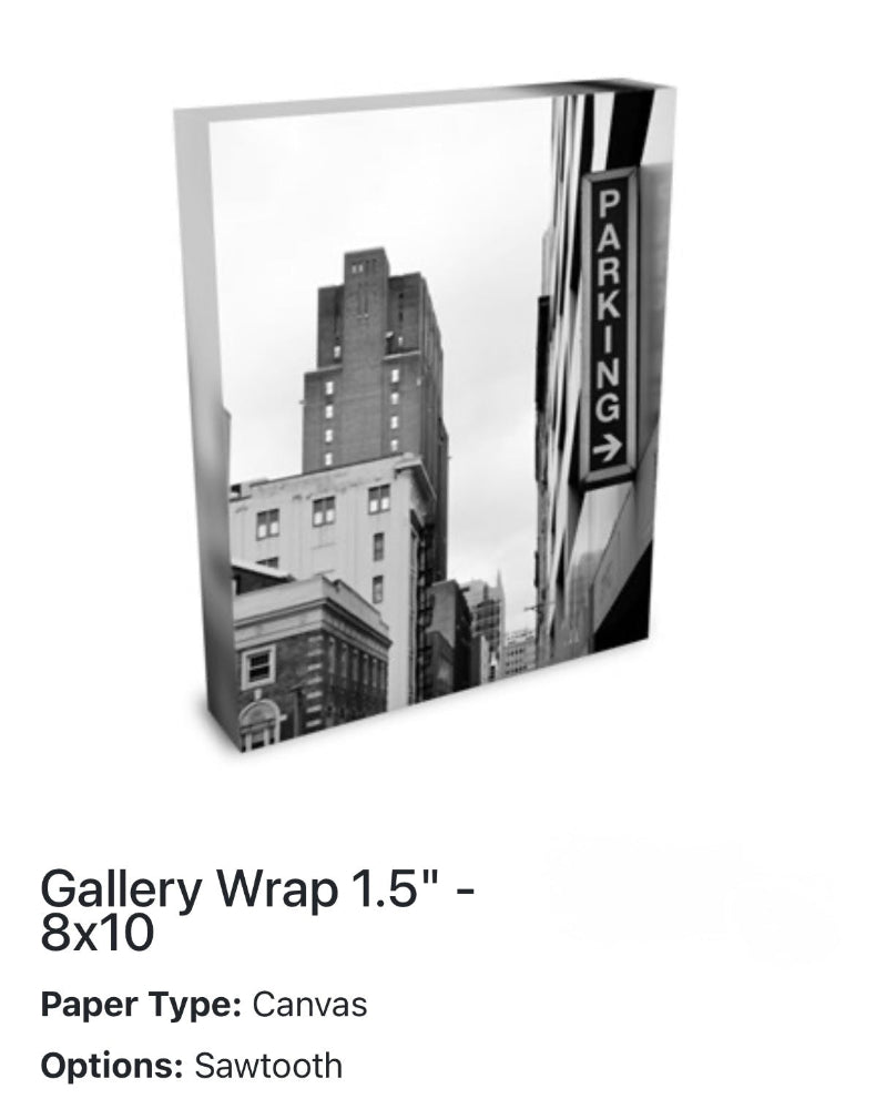 Canvas print with a cityscape and parking sign, framed with Gallery Wrap 1.5" and Sawtooth options.