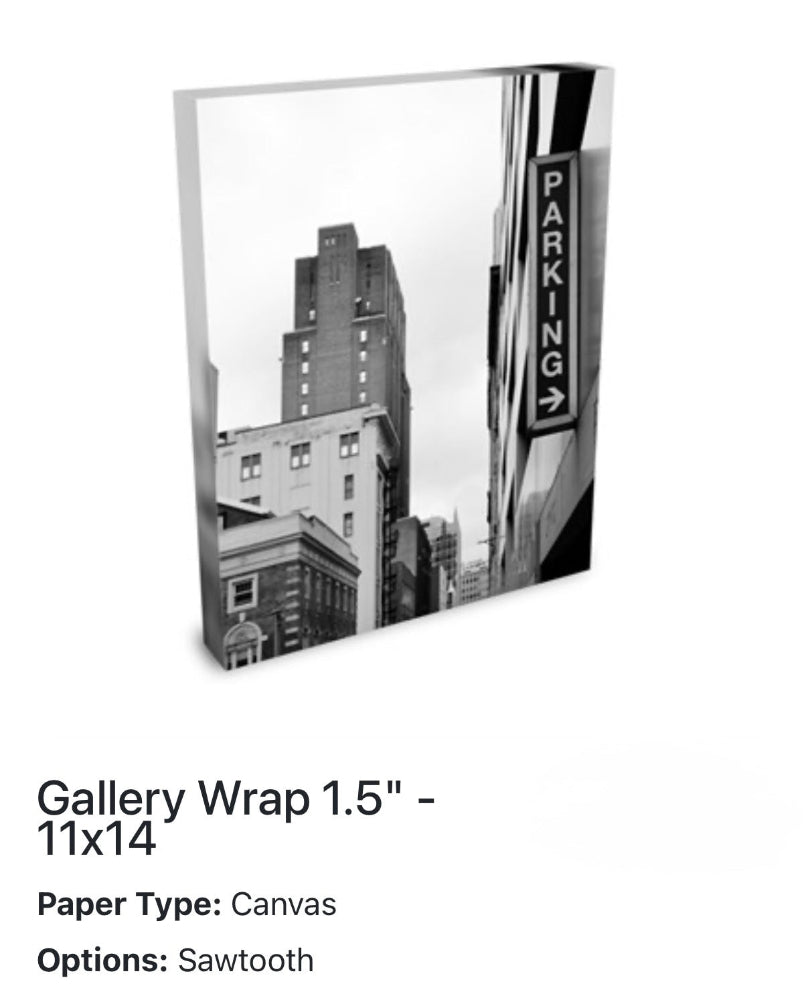 Canvas print with a cityscape and parking sign, featuring Gallery Wrap 1.5" and 11x14 dimensions.