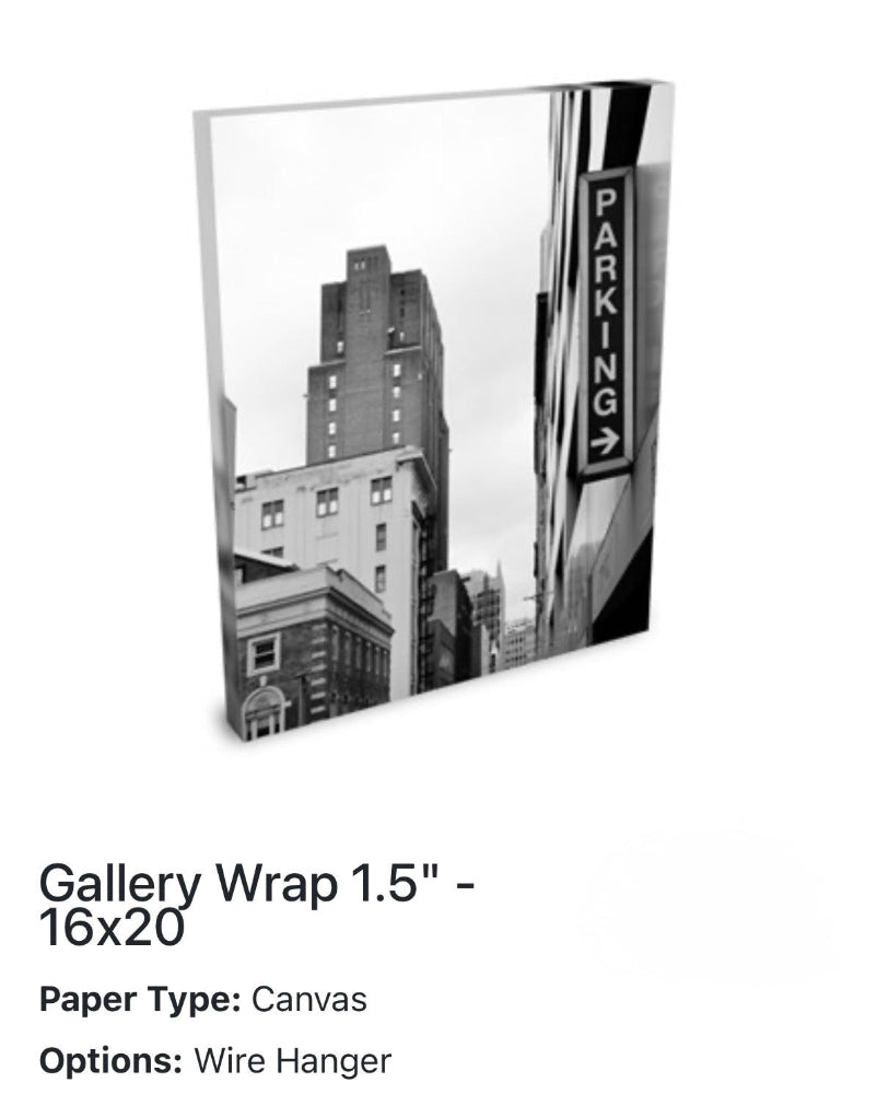 Canvas print with a cityscape and parking sign, 16x20 size, gallery wrap 1.5