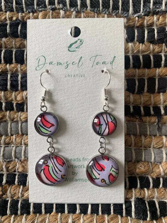 Silver Lilac and Red Double Glass Bead Earrings