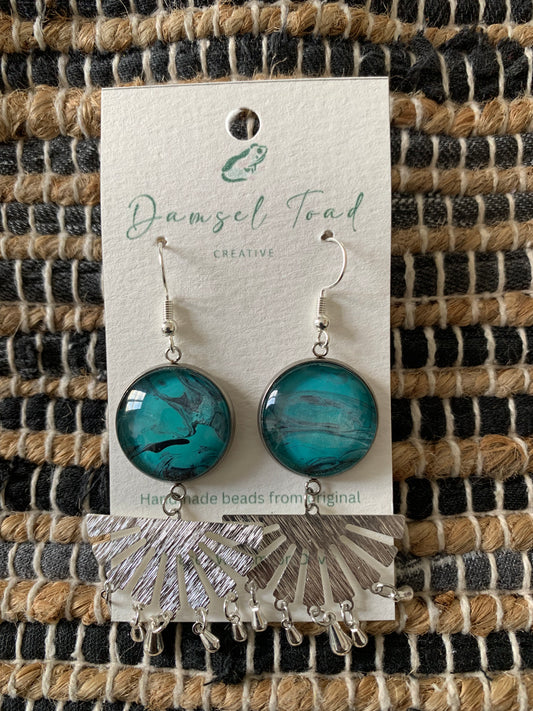 Silver Fan Fluid Art Glass Bead Earrings