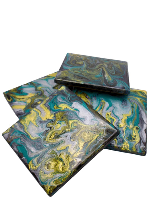 Metallics and Teal Fluid Art Coasters