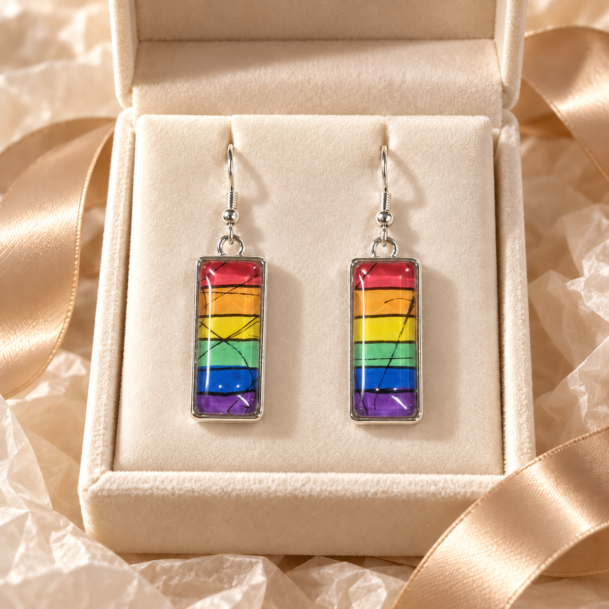 A pair of rectangular drop earrings with a rainbow flag design inside a cream-colored jewelry box, surrounded by satin ribbon.