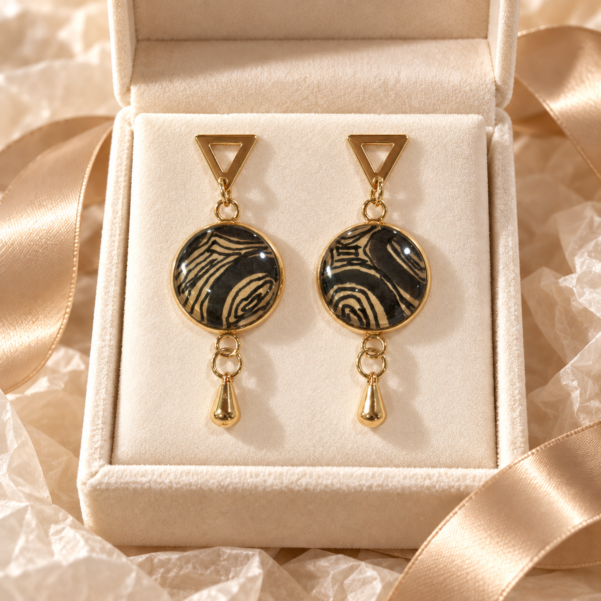 A pair of gold drop earrings with circular black and gold marbled stone pendants, displayed in a cream-colored jewelry box with satin ribbon.