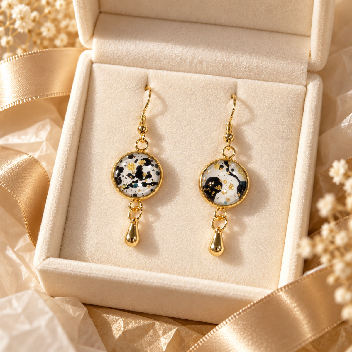 A pair of gold drop earrings with round black-and-white glass beads and teardrop charms, displayed in an open cream jewelry box with ribbon and dried flowers.
